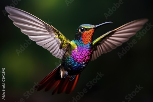Colorful Hummingbird Flying Through the Air, The shiny colored, fiery throated hummingbird Panterpe insignis is in flight, AI Generated © Ifti Digital