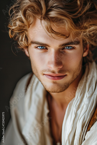 male romantic fantasy character. Photo of beautiful hot young man with wavy golden, charming smile and piercing blue eyes, sensitive gaze . Medieval aesthetic . Selective focus, smooth background, boo