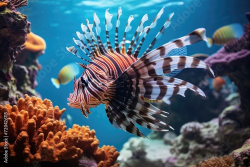 A fish gracefully swims in its natural habitat  surrounded by clear water  Tropical lionfish swimming near coral reefs  Underwater life  AI Generated