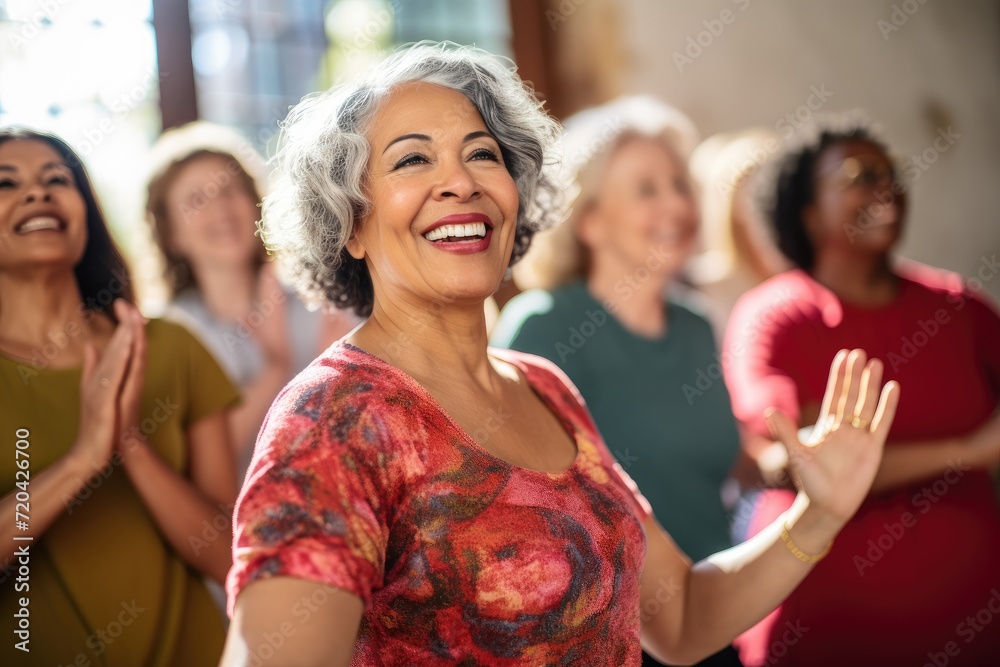 Obraz premium A woman confidently stands before a diverse group of individuals during a meeting or presentation., Middle-aged women enjoying a joyful dance class, AI Generated