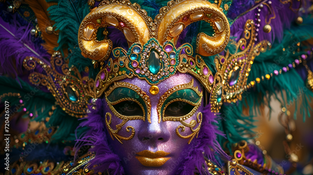  Mardi Gras Mask festival banner background,  elegant Mardi grass mask on violet background,  Venetian carnival mask, Mardi Gras background. Holiday of Mardi Gras masquerade, generative Ai