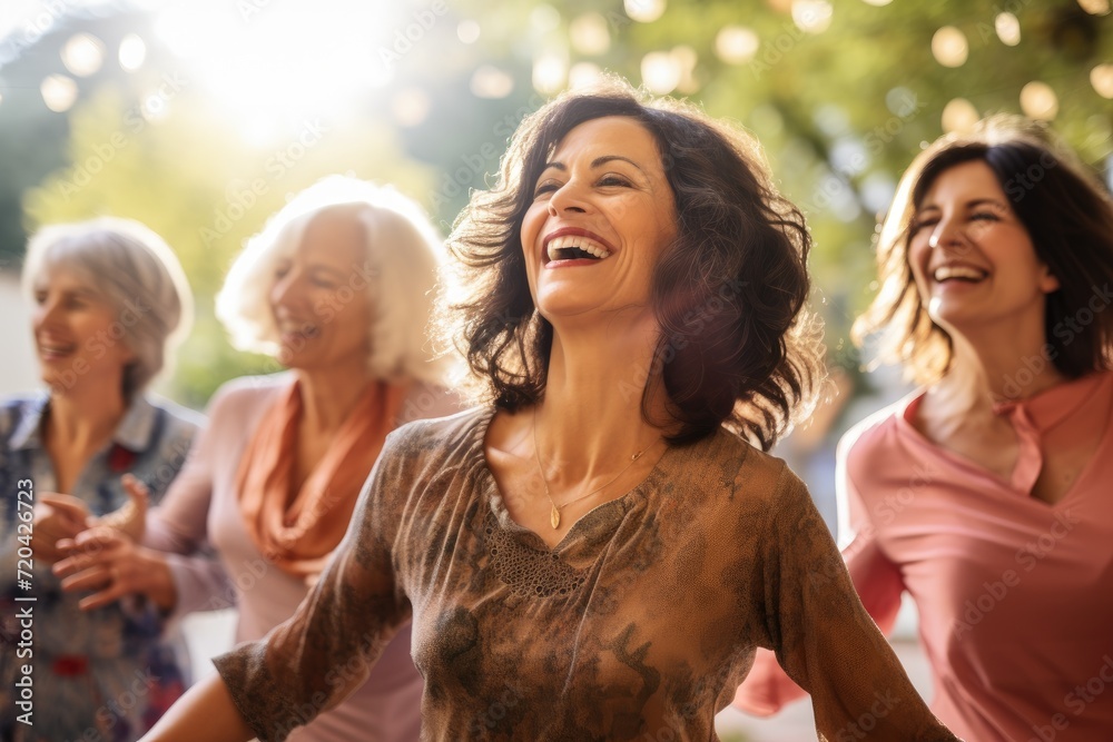 A heartwarming image capturing a group of women laughing and enjoying each others company., Middle-aged women enjoying a joyful dance class, AI Generated A heartwarming image capturing a group of women laughing and enjoying each others company., Middle-aged women enjoying a joyful dance class, AI Generated