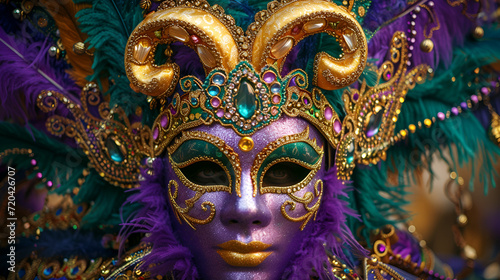  Mardi Gras Mask festival banner background, elegant Mardi grass mask on violet background, Venetian carnival mask, Mardi Gras background. Holiday of Mardi Gras masquerade, generative Ai