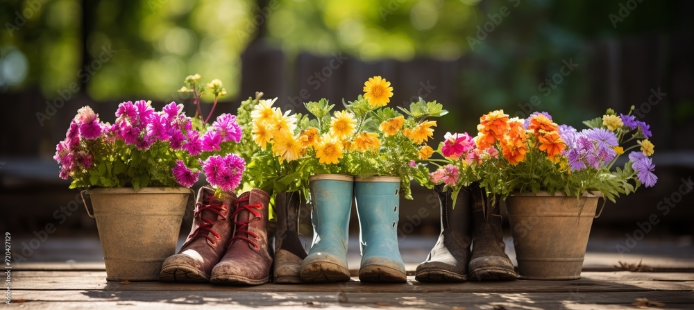 Sunny spring or summer garden with flowerpots and red boots gardening background Sunny spring or summer garden with flowerpots and red boots gardening background