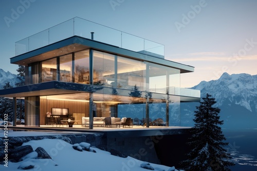 Glass Building With Balcony, Modern Architecture in Urban Landscape, Modern exterior of a luxury villa in a minimal style, Glass house in the mountains, AI Generated