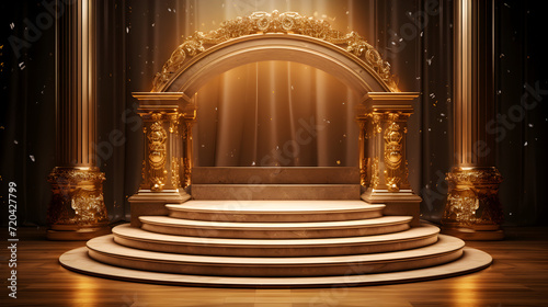 Red themed wedding stage with gold trimmed benches,, Stage for a show or TV entertainment with microphone, stairs, red curtains 