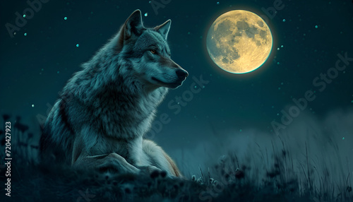 Wolf howling to the moon, illustrative colorfully poster, aurora on the sky, pack of wolves running in the woods, wolf howling in front of full moon background, close up. Generative AI 