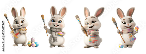 Cute easter bunny holding a paint brush with egg collection transparent background