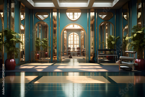 A gym space with an Art Deco inspired yoga studio