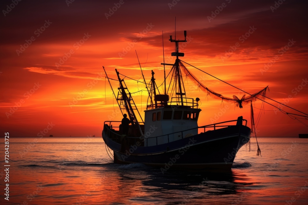 Fishing boat in the sea at sunset. Fishing boat at sunset, Silhouette of a deep-sea fishing boat during sunset, AI Generated
