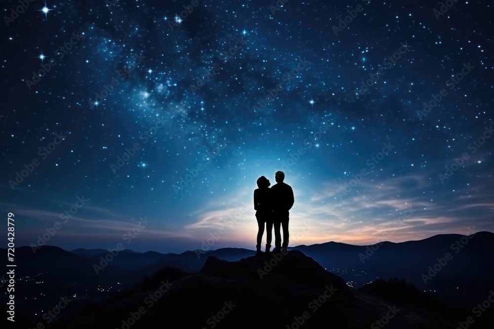 Man and woman standing on top of the mountain and looking at the starry sky, Silhouette of a young couple of hikers standing at the top of the mountain, gazing at the stars, AI Generated - obrazy, fototapety, plakaty 