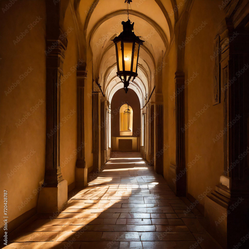 Illuminated Lantern Casting Shadows in Historic Hallway
