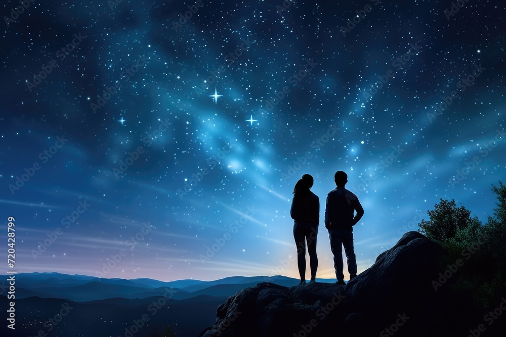 Couple standing on the top of a mountain and watching the starry sky, Silhouette of a young couple of hikers standing at the top of the mountain, gazing at the stars and Milky, AI Generated