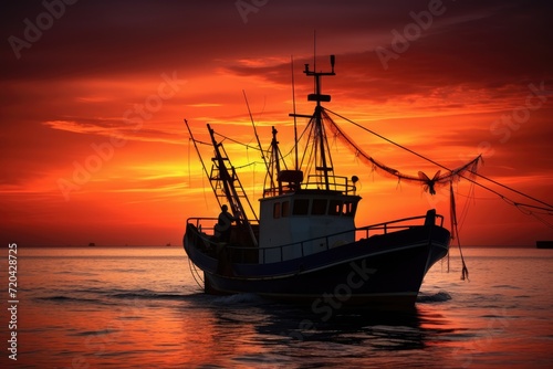 Fishing boat in the sea at sunset. Fishing boat at sunset, Silhouette of a deep-sea fishing boat during sunset, AI Generated