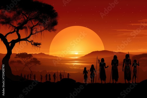 Silhouette of ancient people in the savannah at sunset illustration, Silhouettes of African aborigines at sunset, with female tribe members in a desert landscape, AI Generated