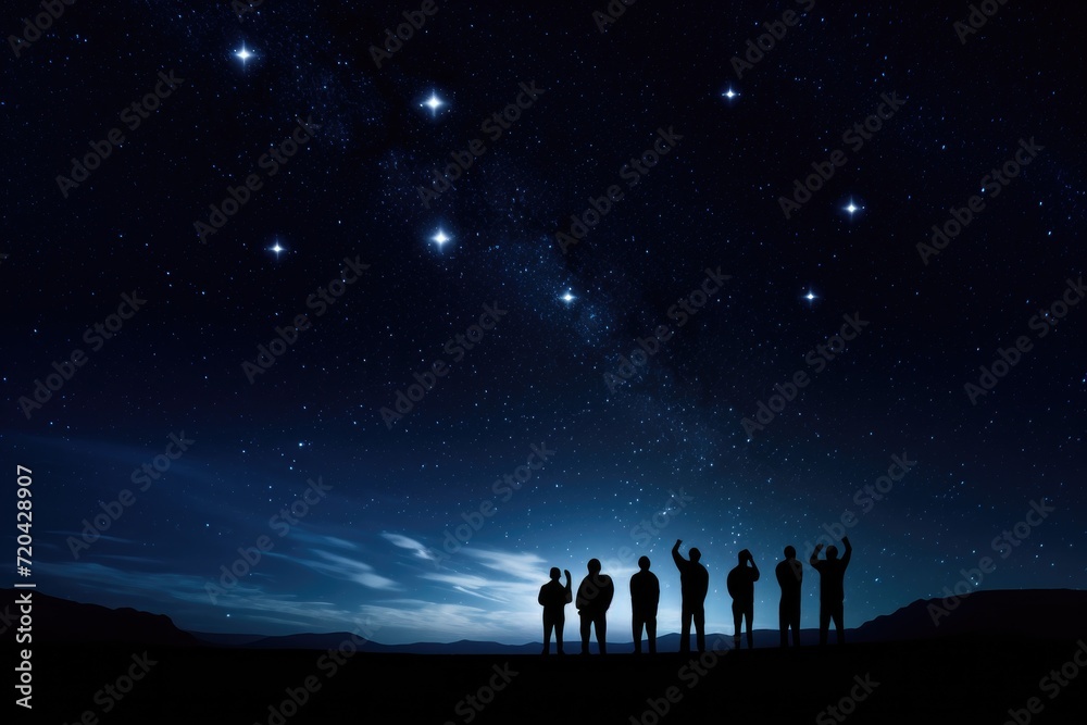 Silhouette of a group of people looking at the starry sky, Silhouettes of people observing stars in the night sky, Astronomy concept, AI Generated
