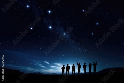 Silhouette of a group of people looking at the starry sky  Silhouettes of people observing stars in the night sky  Astronomy concept  AI Generated