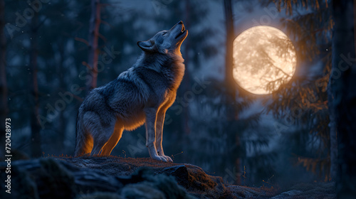 Wolf howling to the moon, illustrative colorfully poster, aurora on the sky, pack of wolves running in the woods, wolf howling in front of full moon background, close up. Generative AI 