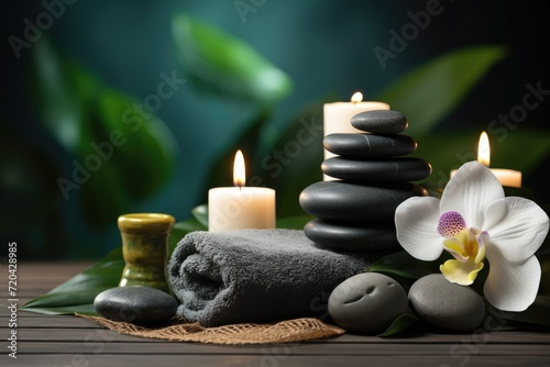 Spa stones with orchid flower on wooden table against dark background, Spa concept - Massage stones with towels and candles in a natural background, AI Generated