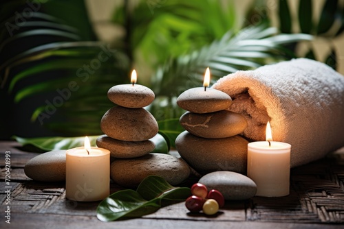Spa stones and candles on wooden table on natural background. Zen concept, Spa concept - Massage stones with towels and candles in a natural background, AI Generated