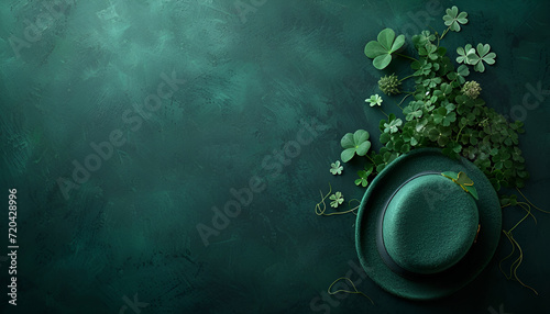 Green shamrock lucky top hat as St Patrick's Day symbol and luck icon of Irish tradition with a magical four-leaf clover, Leprechaun's green hat, and gold coins. 3D illustration, Generative Ai 