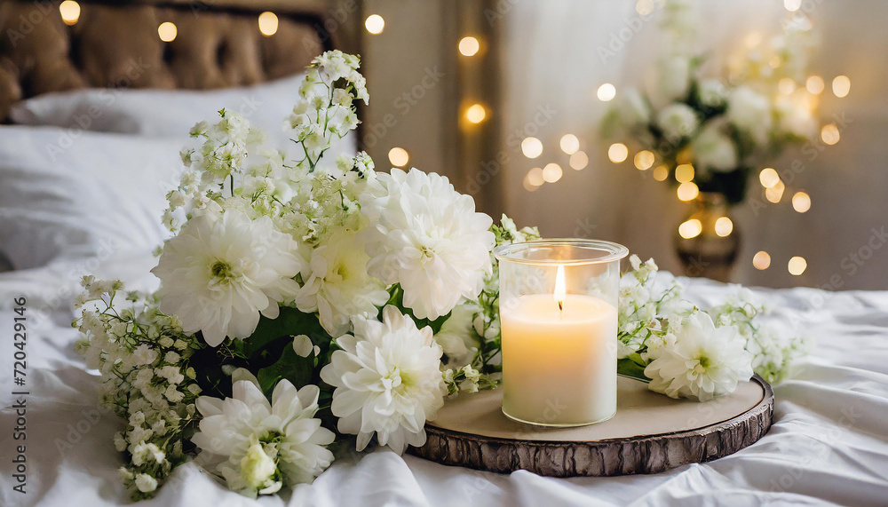 Soft Candle Glow on Bed with Fresh White Flowers