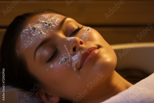 Young woman lying in a sauna and having a steam bath, Spa woman, Brunette getting a salt scrub beauty treatment in a salon, no face, AI Generated