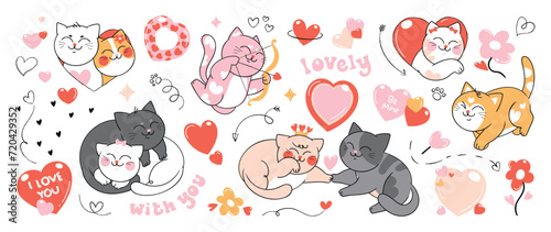 Cute cats in valentine day lovely pet vector. Collection of cats with little heart, arrow, flower. Adorable animal characters for clipart, decoration, prints, cover, greeting card, sticker, banner.