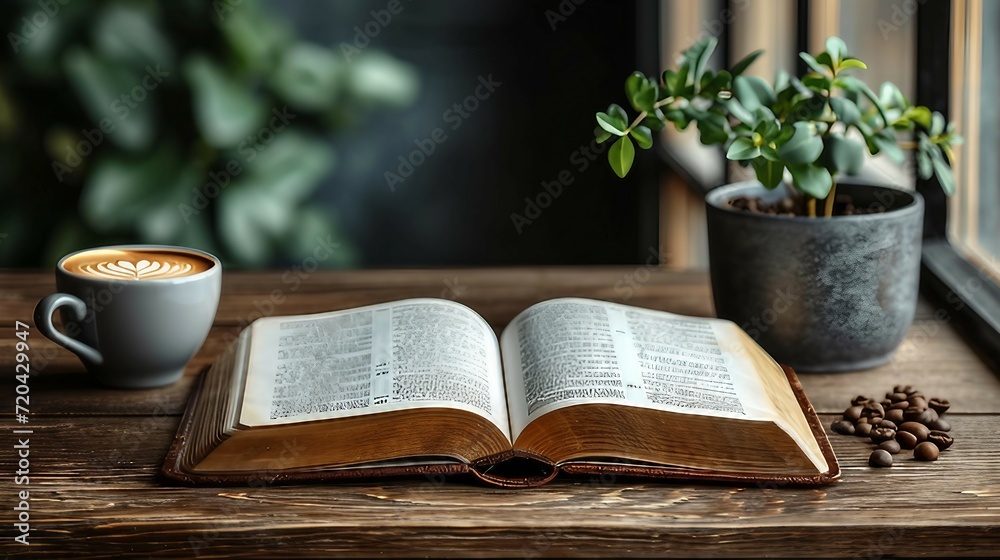 An open Bible book with coffee cup. AI generate illustration - obrazy, fototapety, plakaty 