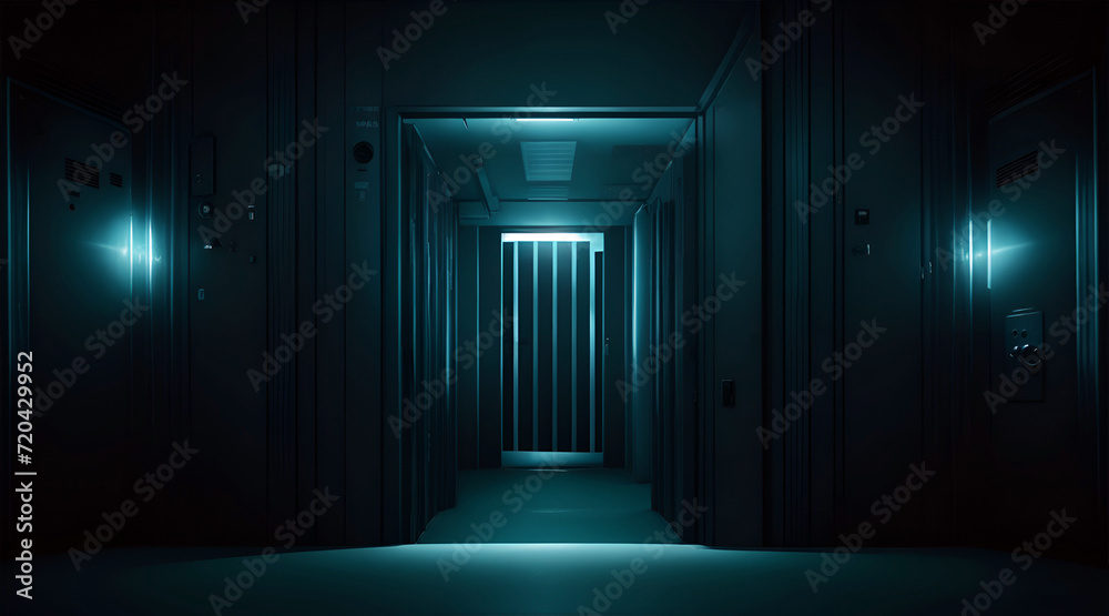 Futuristic hallway lockdown room with glowing lights and shadows