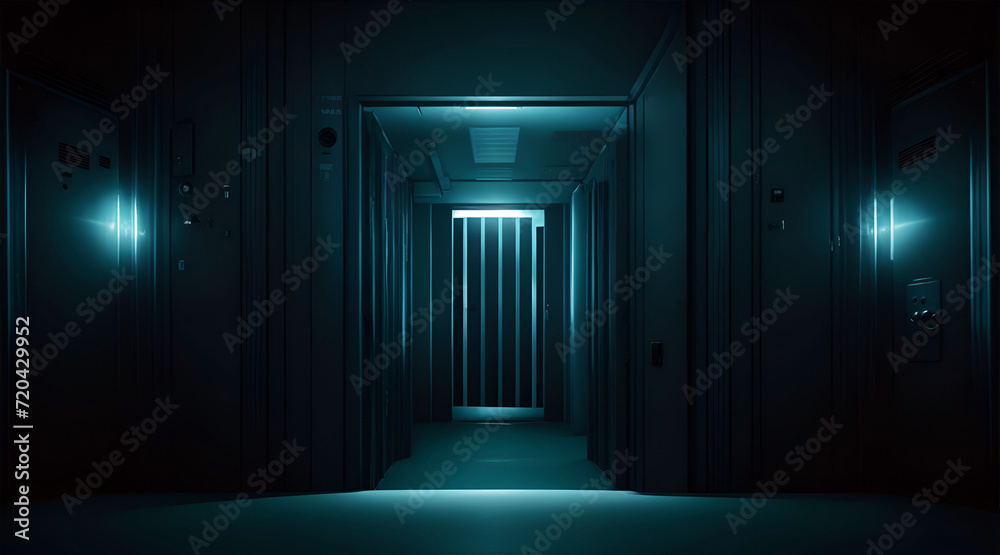 Futuristic hallway lockdown room with glowing lights and shadows Futuristic hallway lockdown room with glowing lights and shadows