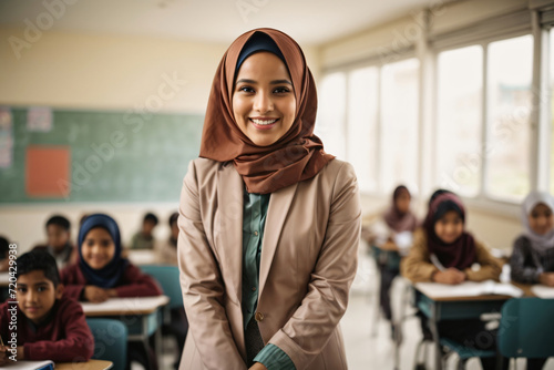 Portrait of a smiling 30-year-old Arab female teacher in a modern bright classroom, generated ai
