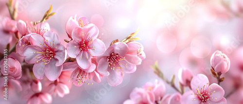 wallpaper of Bloom pink cherry blossoms branch  spring banner with empty copy space
