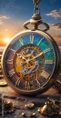 Gorgeous double exposure artwork emerges from the fusion of a radiant sunrise and a vintage pocket watch