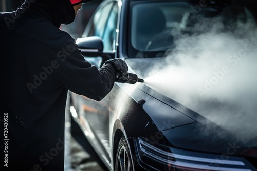 Car wash. A man in a black coat washes a car with a high pressure water jet, Steam cleaning the car air system, AI Generated
