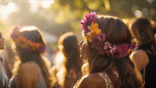 Closeup of a group of festivalgoers wearing flower crowns, a popular fashion trend often seen at outdoor music events. photo