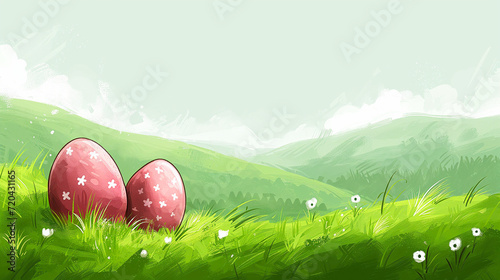 Easter card background  Easter card  Easter painted eggs   lying in the grass  drawing  generated AI
