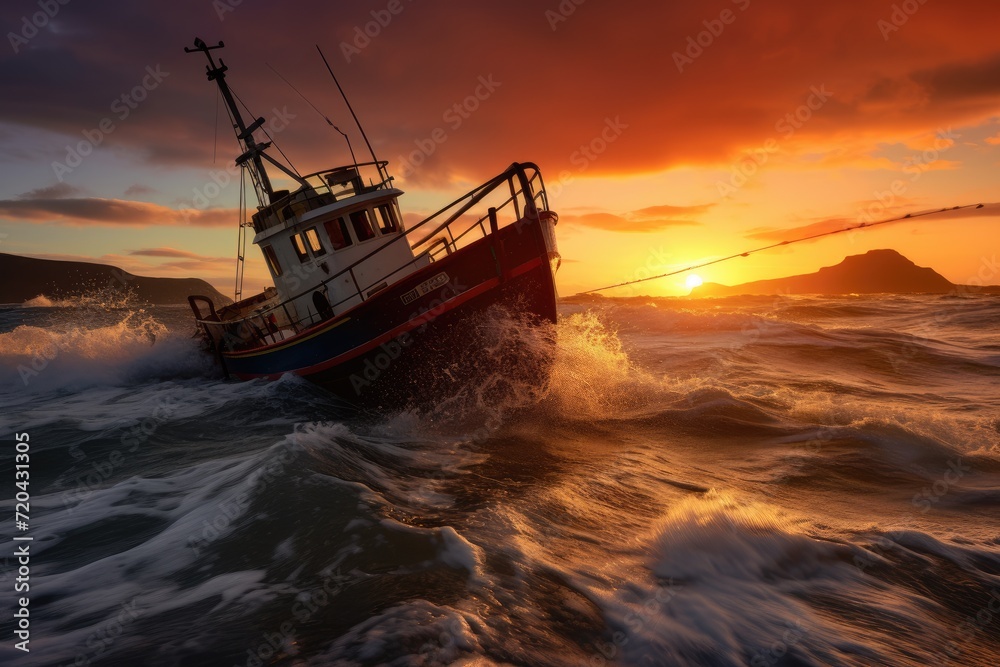 Fishing boat in the sea at sunset. Tenerife, Canary Islands, Spain, Sunset shot of a small fishing boat in rough tide, AI Generated Fishing boat in the sea at sunset. Tenerife, Canary Islands, Spain, Sunset shot of a small fishing boat in rough tide, AI Generated