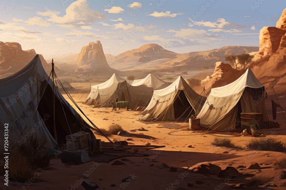 A captivating painting showcasing a desert landscape with colorful tents set against the vast expanse, Tent encampment in a desert environment, AI Generated - obrazy, fototapety, plakaty 
