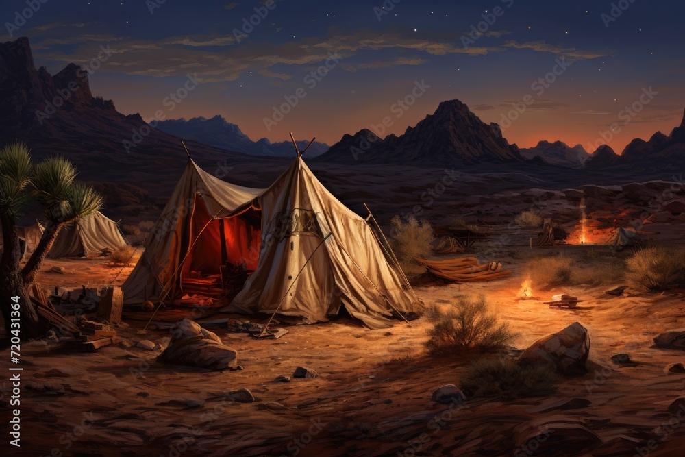 A stunning painting capturing the beauty of a lone tent under the vast desert sky, Tent encampment in a desert environment, AI Generated