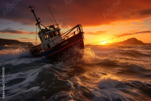 Fishing boat in the sea at sunset. Tenerife, Canary Islands, Spain, Sunset shot of a small fishing boat in rough tide, AI Generated photo
