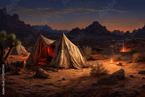 A stunning painting capturing the beauty of a lone tent under the vast desert sky, Tent encampment in a desert environment, AI Generated