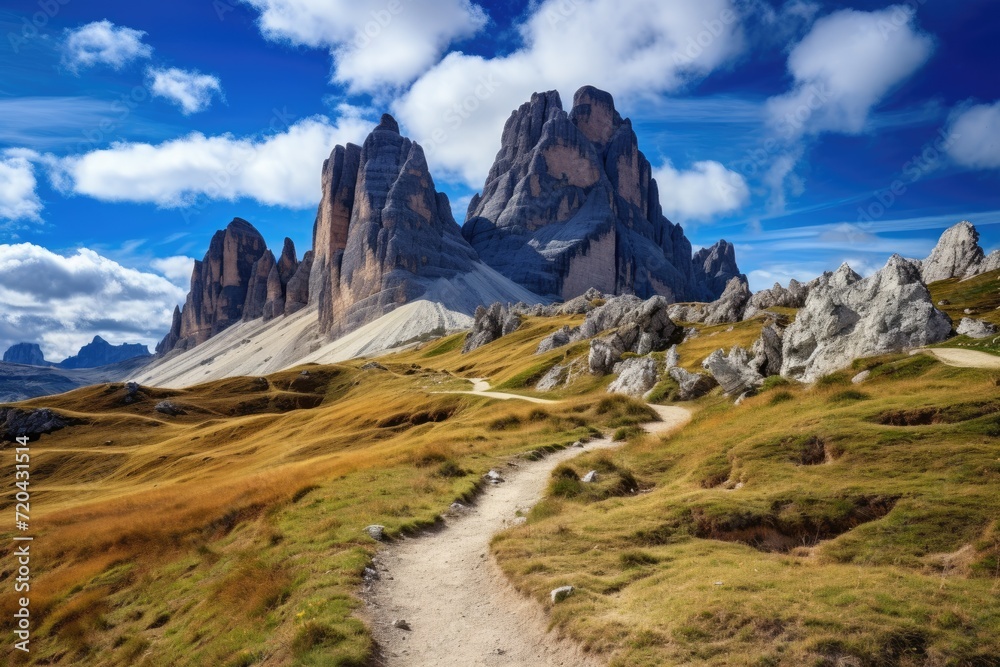 Dirt Path Leading to Majestic Mountain Range, The famous Italian National Park Tre Cime di Lavaredo, Dolomites, South Tyrol, Auronzo, AI Generated