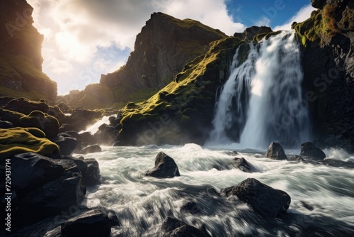 Majestic Waterfall Surges Through Rivers Heart, The perfect view of the famous powerful Gljufrabui cascade in sunlight, A dramatic and gorgeous scene, A unique place on earth, AI Generated