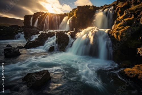 Sun Shining Over Waterfall in Iceland  The perfect view of the famous powerful Gljufrabui cascade in sunlight  A dramatic and gorgeous scene  A unique place on earth  AI Generated