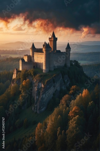 castle on top of a mountain at sunset