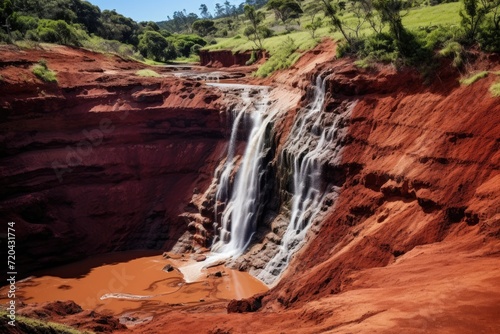 Majestic Waterfall Cascading on Red Cliff in Natures Oasis, The renowned Red Dirt Falls, a cascading waterfall of freshwater over the iron-rich basalt rock, AI Generated