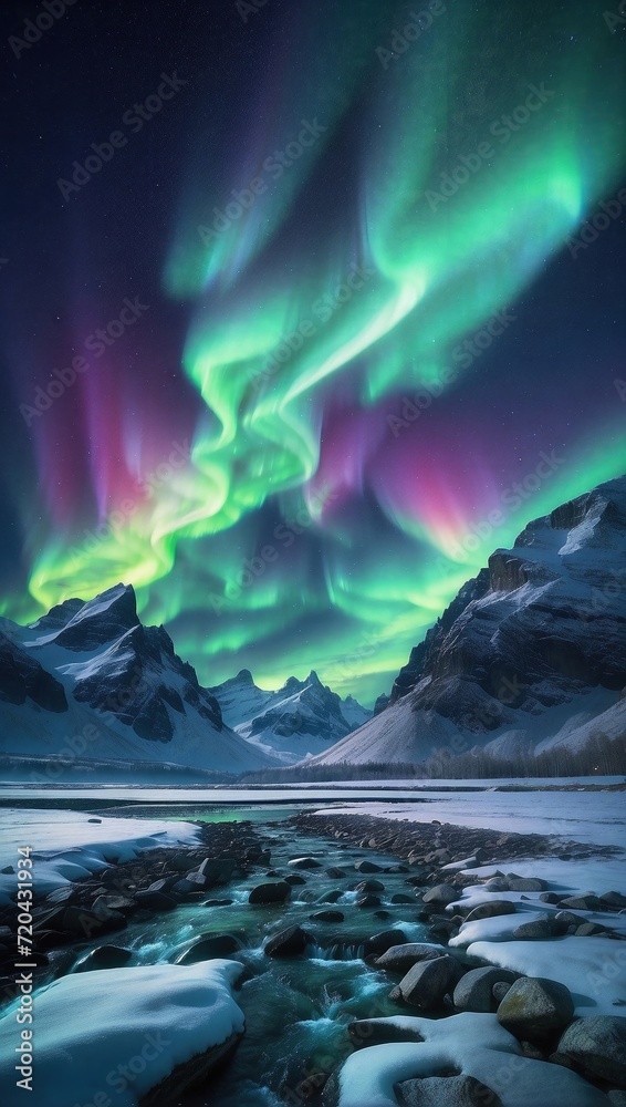 northern light, aurora over the snow mountains 