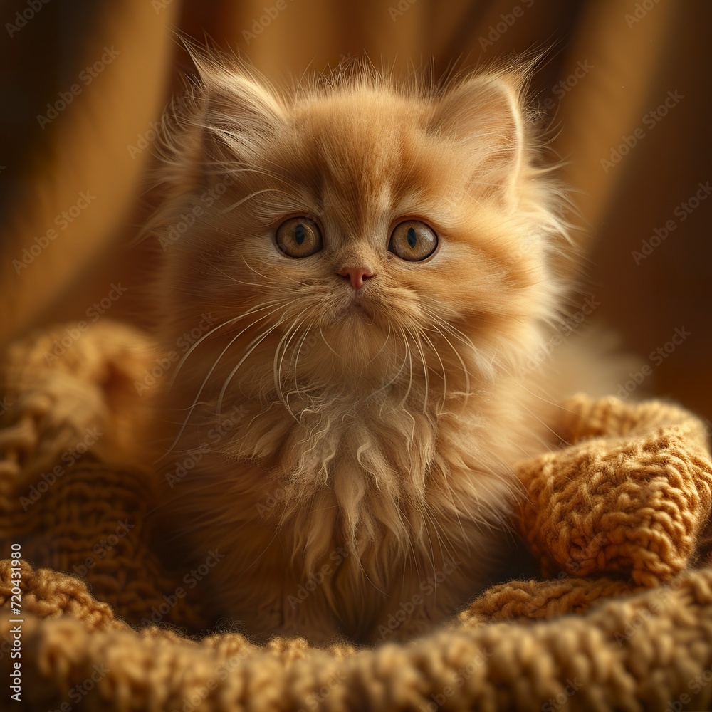 An adorable, funny and cuddly pet kitten. Close-up of a fun and playful kitten in a cozy environment. Concept of animal care and affection.