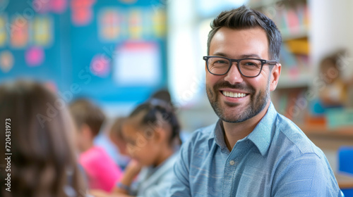 Happy male elementary school teacher. Students are in classroom behind him in a blurry background. Fun and enjoyable learning, love for education concept. © Synaptic Studio